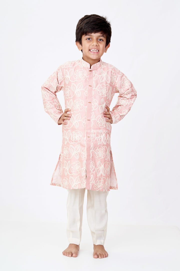 The Nesavu Boys Kurtha Set Boys Peach Kurta in Silk Blend with Designer Embroidery and Elegant Floral Detailing Nesavu 14 (6M) / Peach BES645B-14 Nesavu Boys Peach Kurta Silk Blend Designer Embroidery Traditional Elegance