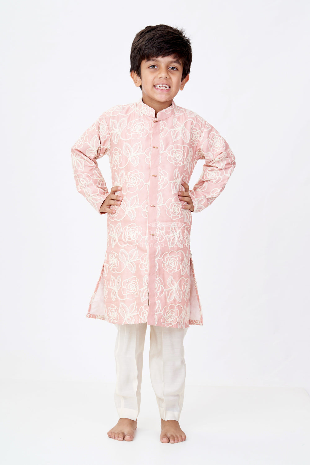The Nesavu Boys Kurtha Set Boys Peach Kurta in Silk Blend with Designer Embroidery and Elegant Floral Detailing Nesavu 14 (6M) / Peach BES645B-14 Nesavu Boys Peach Kurta Silk Blend Designer Embroidery Traditional Elegance