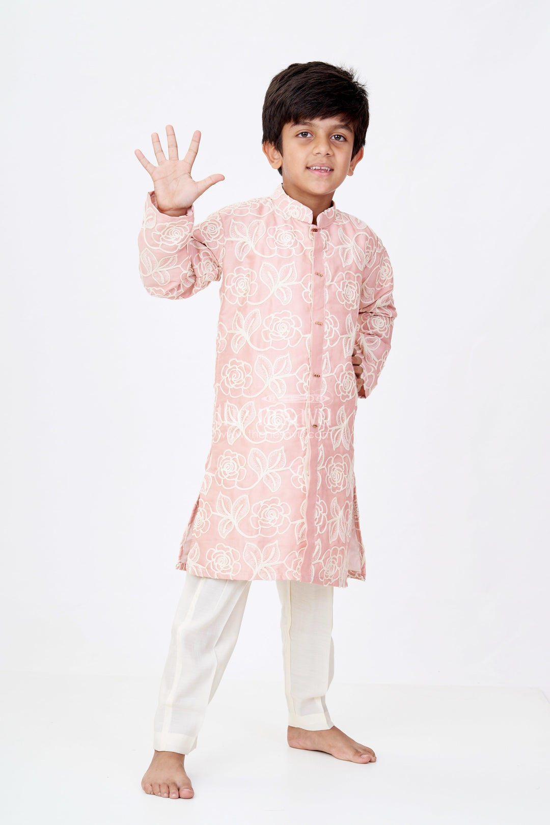 The Nesavu Boys Kurtha Set Boys Peach Kurta in Silk Blend with Designer Embroidery and Elegant Floral Detailing Nesavu Nesavu Boys Peach Kurta Silk Blend Designer Embroidery Traditional Elegance