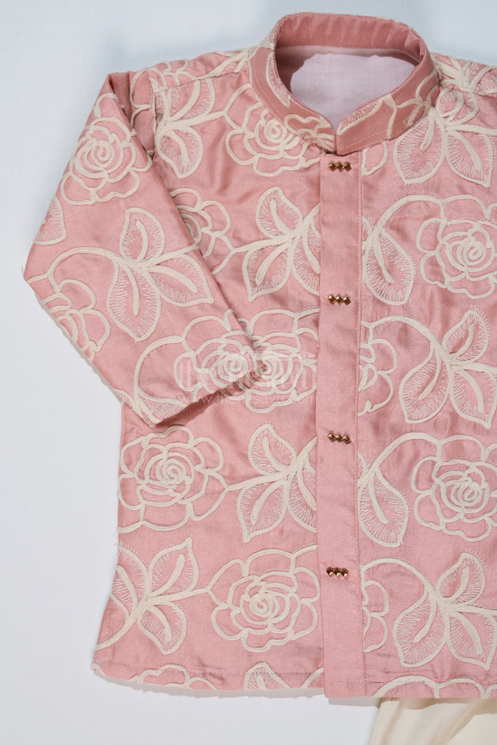 The Nesavu Boys Kurtha Set Boys Peach Kurta in Silk Blend with Designer Embroidery and Elegant Floral Detailing Nesavu Nesavu Boys Peach Kurta Silk Blend Designer Embroidery Traditional Elegance
