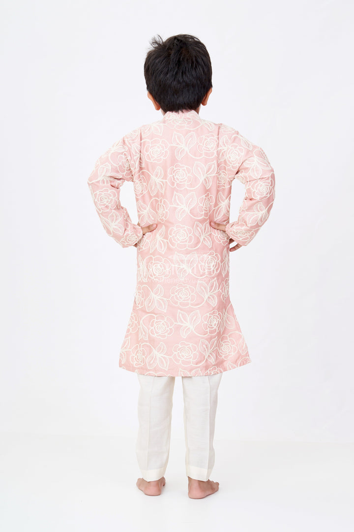 The Nesavu Boys Kurtha Set Boys Peach Kurta in Silk Blend with Designer Embroidery and Elegant Floral Detailing Nesavu Nesavu Boys Peach Kurta Silk Blend Designer Embroidery Traditional Elegance