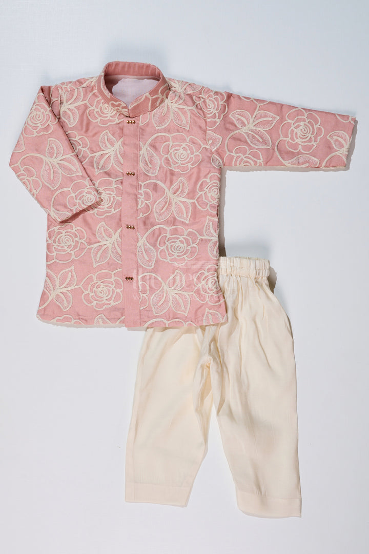 The Nesavu Boys Kurtha Set Boys Peach Kurta in Silk Blend with Designer Embroidery and Elegant Floral Detailing Nesavu Nesavu Boys Peach Kurta Silk Blend Designer Embroidery Traditional Elegance