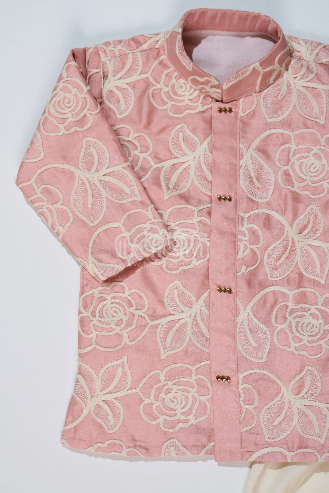 The Nesavu Boys Kurtha Set Boys Peach Kurta in Silk Blend with Designer Embroidery and Elegant Floral Detailing Nesavu Nesavu Boys Peach Kurta Silk Blend Designer Embroidery Traditional Elegance