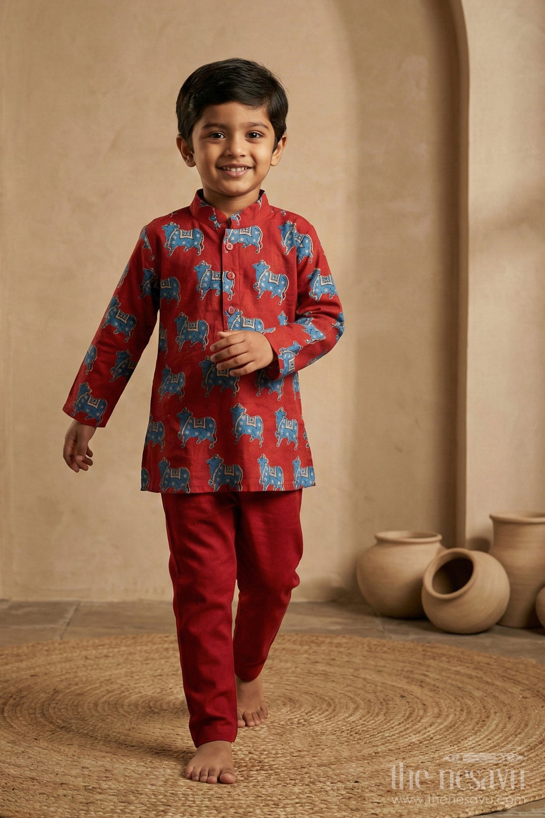 The Nesavu Boys Kurtha Set Boys Pichwai Cotton Kurta with Traditional Block Prints and Matching Pants in Red Nesavu 12 (3M) / Red BES660A-12 Boys Pichwai Cotton Kurta Traditional Block Prints Matching Pants Red | The Nesavu