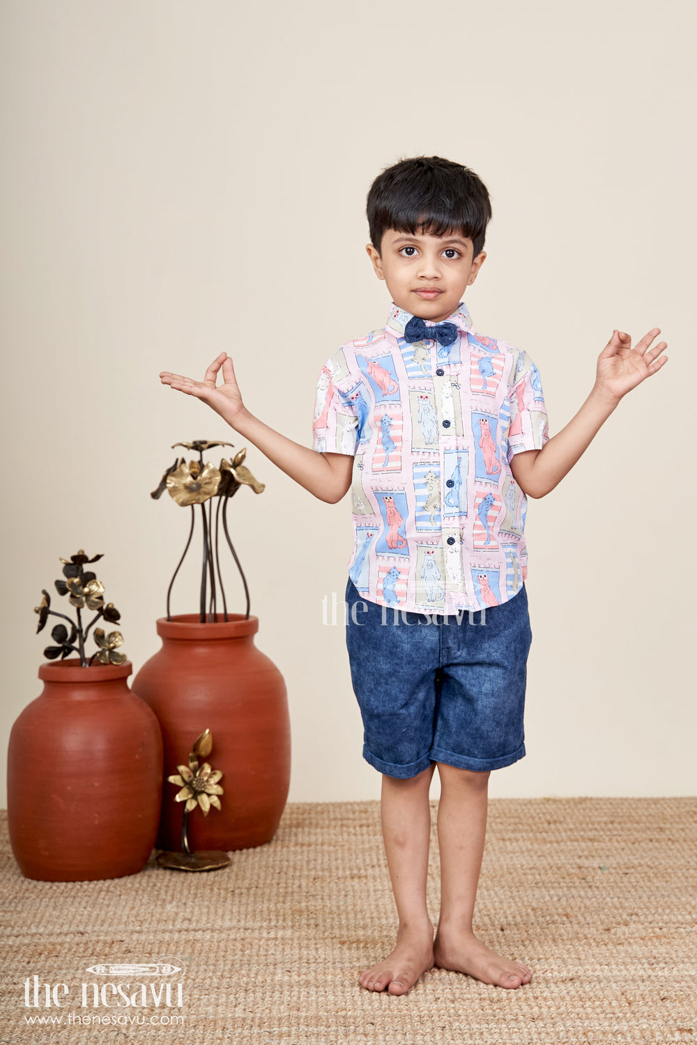 The Nesavu Boys Casual Set Boys pink cat print shirt and denim shorts set Nesavu Nesavu boys pink cat print shirt and denim shorts set fun casualwear for toddlers