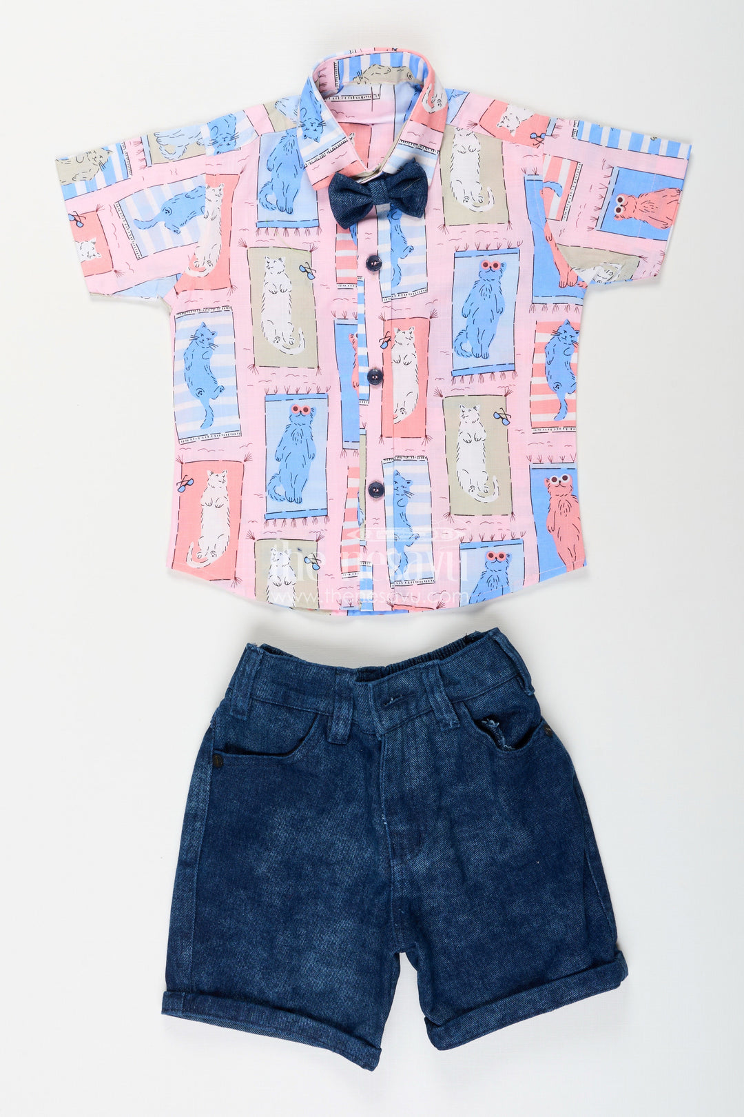 The Nesavu Boys Casual Set Boys pink cat print shirt and denim shorts set Nesavu Nesavu boys pink cat print shirt and denim shorts set fun casualwear for toddlers