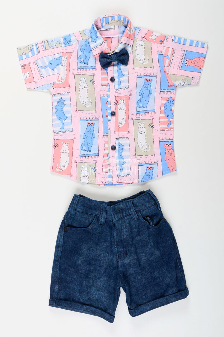 The Nesavu Boys Casual Set Boys pink cat print shirt and denim shorts set Nesavu Nesavu boys pink cat print shirt and denim shorts set fun casualwear for toddlers