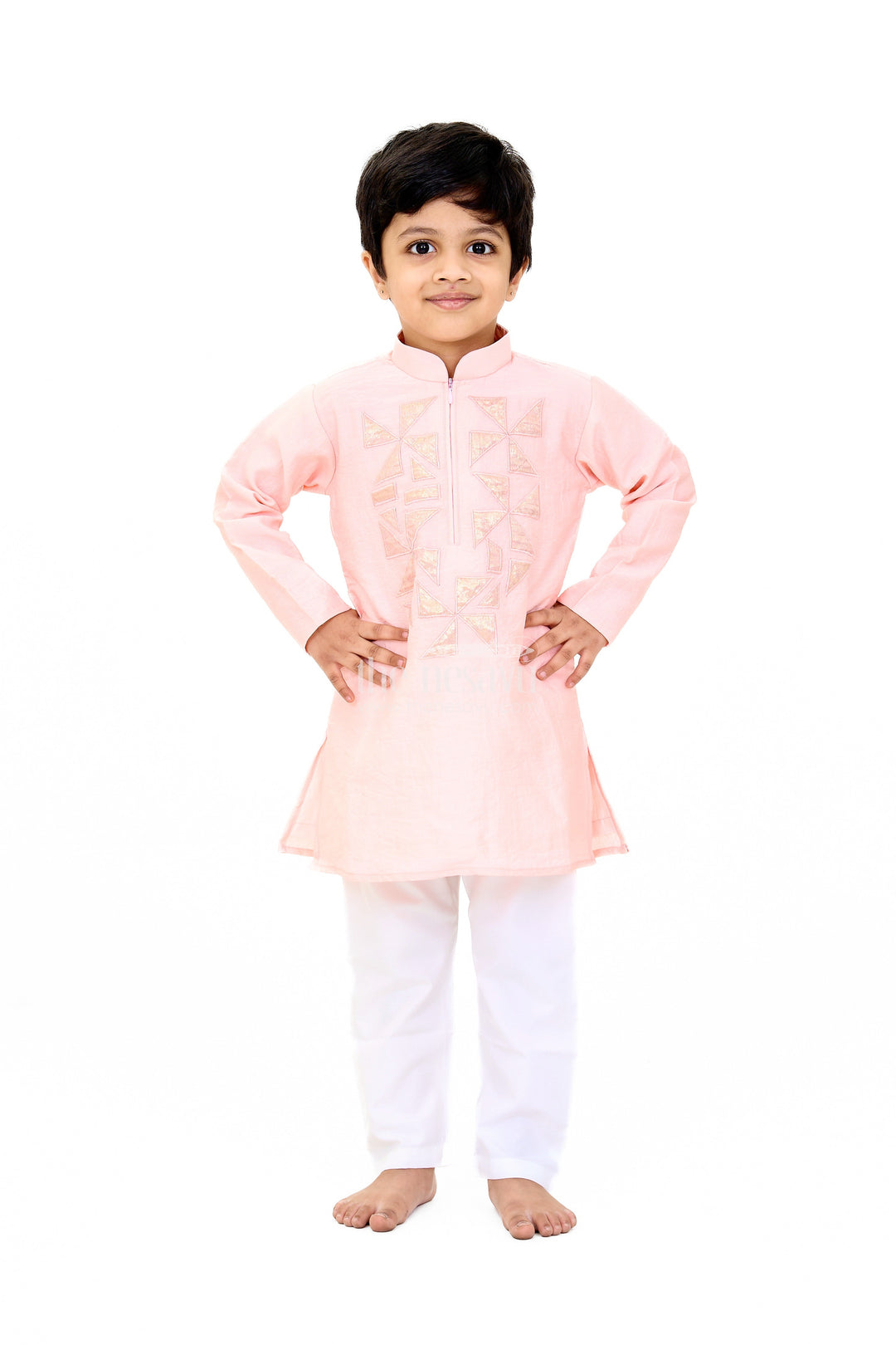 The Nesavu Boys Kurtha Set Boys Pink Cotton Kurta with Subtle Embroidery and White Pants for Traditional Wear Nesavu 16 (1Y) / Pink BES617B-16 Nesavu Boys Pink Cotton Kurta Subtle Embroidery White Pants Traditional Wear
