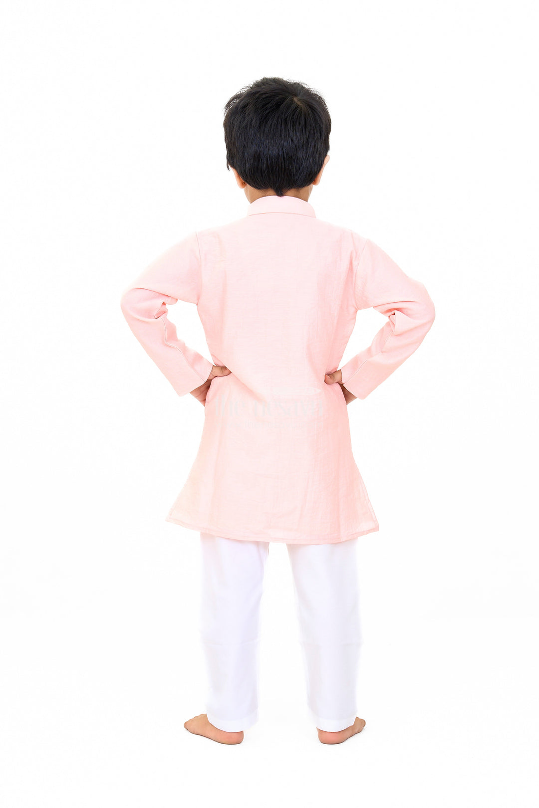 The Nesavu Boys Kurtha Set Boys Pink Cotton Kurta with Subtle Embroidery and White Pants for Traditional Wear Nesavu Nesavu Boys Pink Cotton Kurta Subtle Embroidery White Pants Traditional Wear
