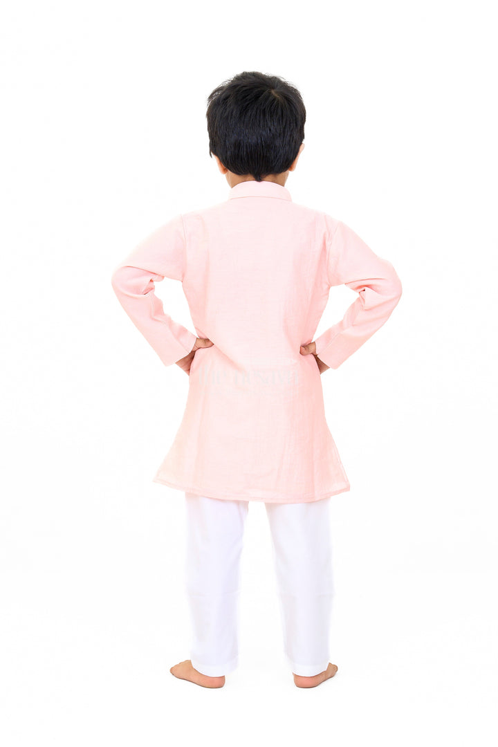 The Nesavu Boys Kurtha Set Boys Pink Cotton Kurta with Subtle Embroidery and White Pants for Traditional Wear Nesavu Nesavu Boys Pink Cotton Kurta Subtle Embroidery White Pants Traditional Wear