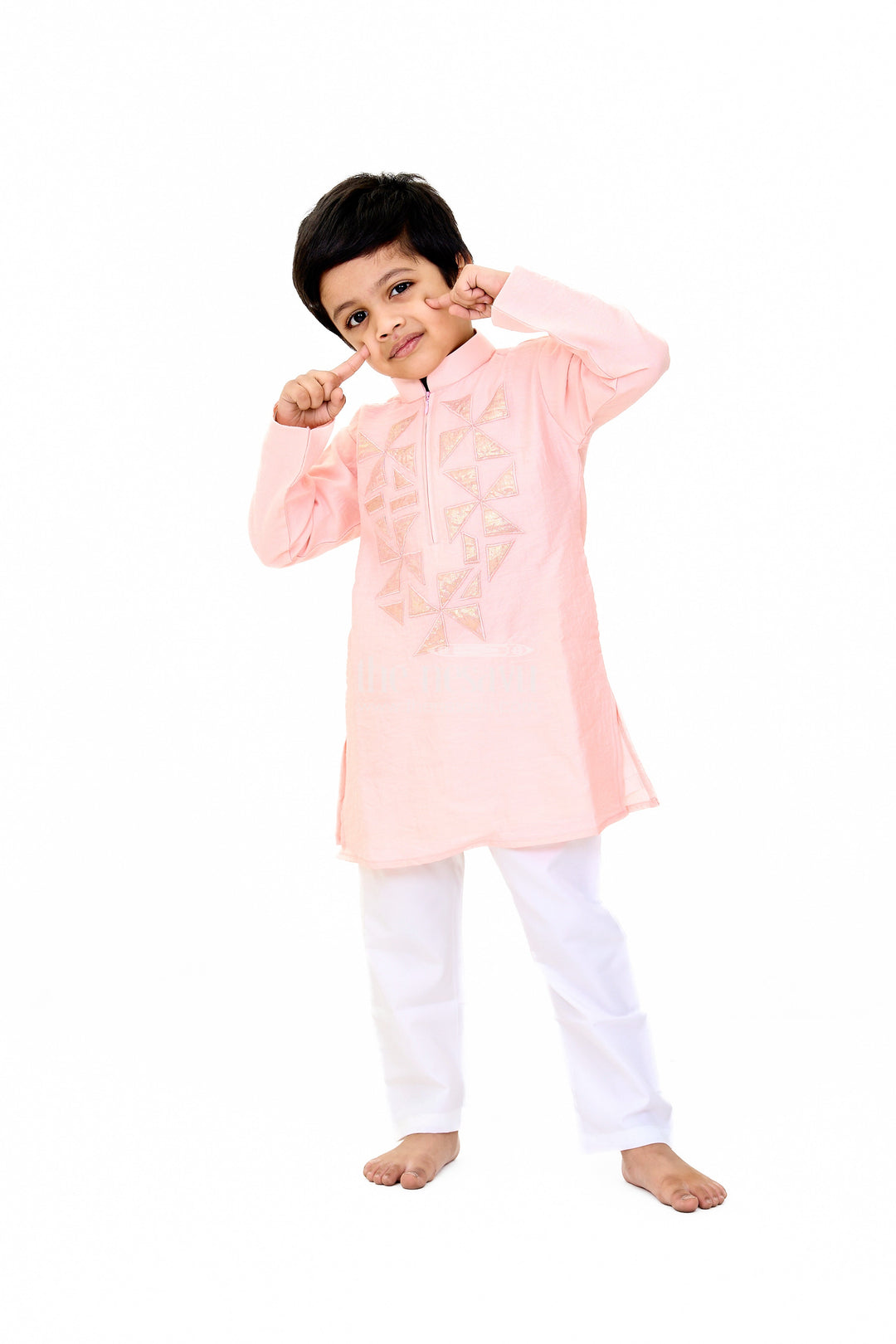 The Nesavu Boys Kurtha Set Boys Pink Cotton Kurta with Subtle Embroidery and White Pants for Traditional Wear Nesavu Nesavu Boys Pink Cotton Kurta Subtle Embroidery White Pants Traditional Wear