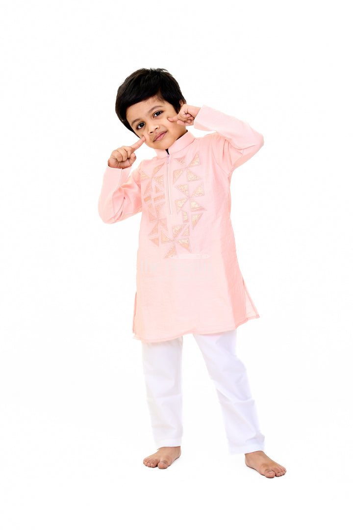 The Nesavu Boys Kurtha Set Boys Pink Cotton Kurta with Subtle Embroidery and White Pants for Traditional Wear Nesavu Nesavu Boys Pink Cotton Kurta Subtle Embroidery White Pants Traditional Wear