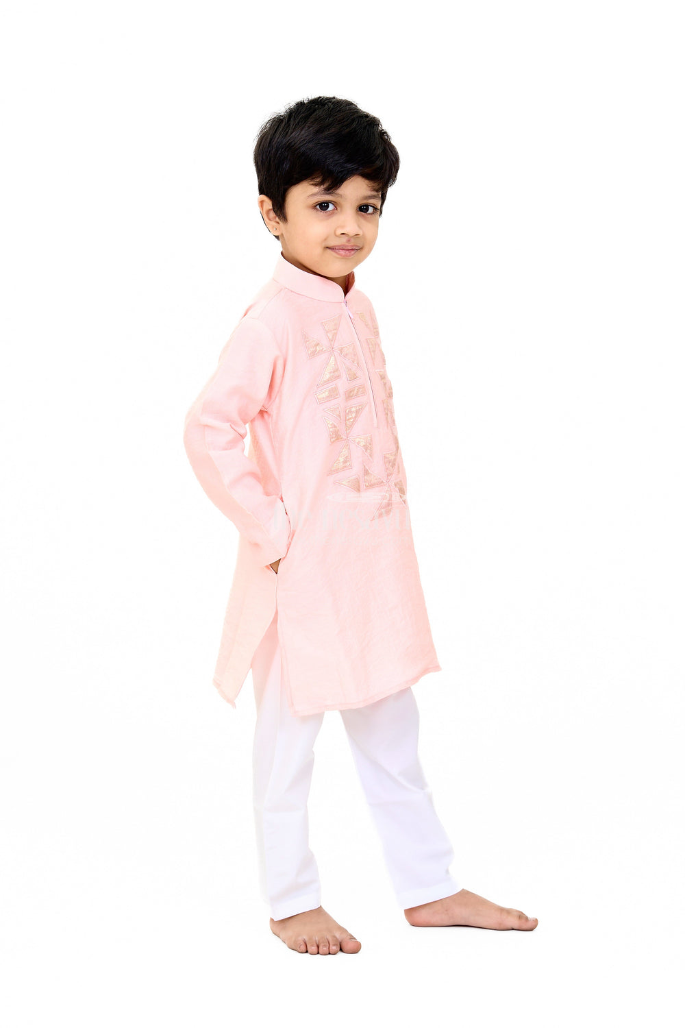 The Nesavu Boys Kurtha Set Boys Pink Cotton Kurta with Subtle Embroidery and White Pants for Traditional Wear Nesavu Nesavu Boys Pink Cotton Kurta Subtle Embroidery White Pants Traditional Wear