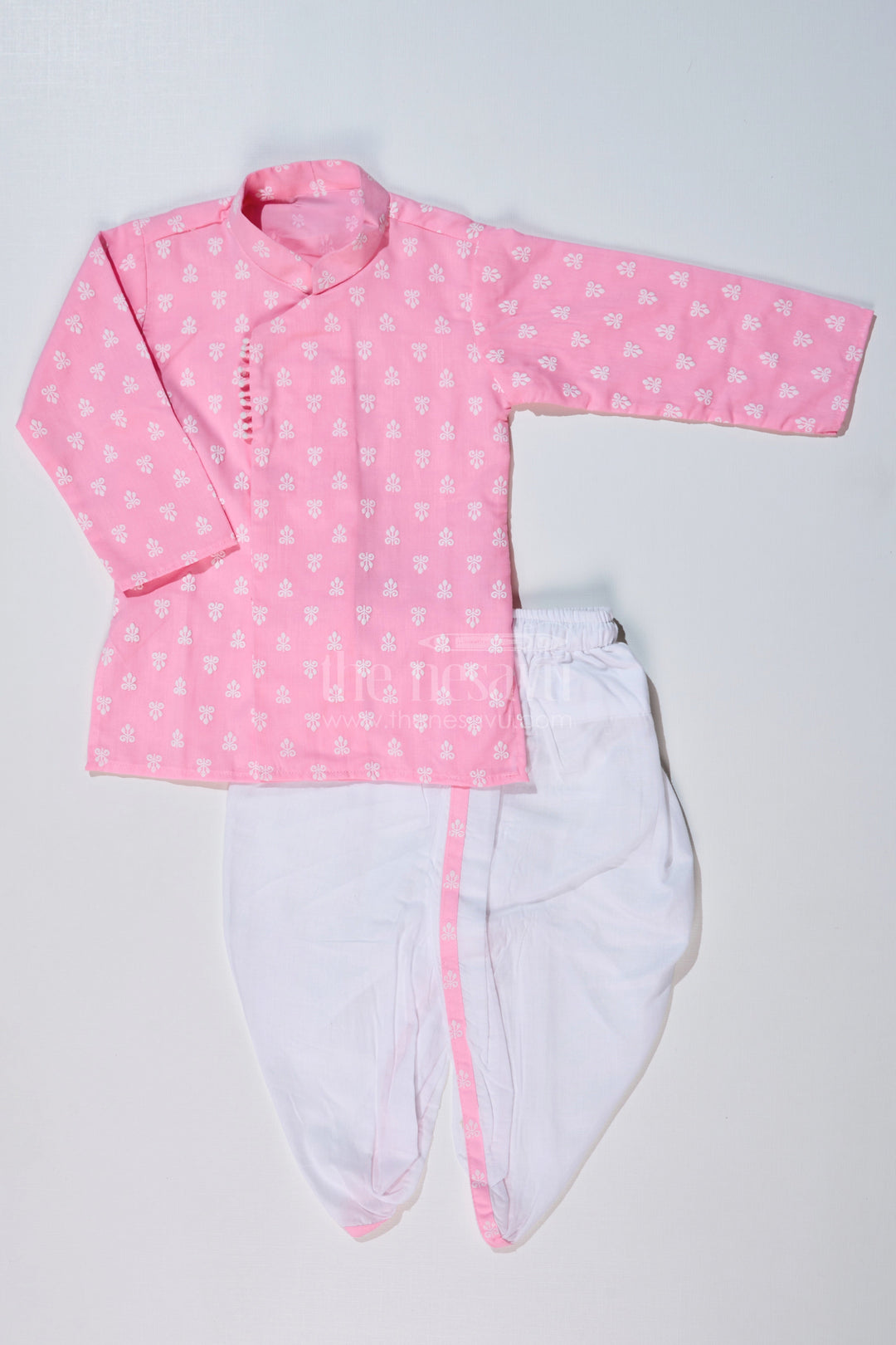The Nesavu Boys Dothi Set Boys Pink Dhoti Kurta for Pooja with Chikankari Embroidery and White Dhoti Nesavu 16 (1Y) / Pink BES630B-16 Nesavu Boys Pink Chikankari Embroidered Dhoti Kurta Festive Pooja Wear