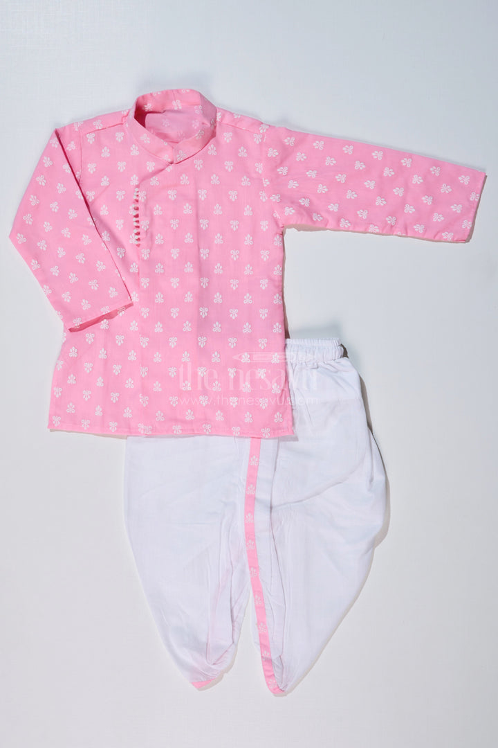 The Nesavu Boys Dothi Set Boys Pink Dhoti Kurta for Pooja with Chikankari Embroidery and White Dhoti Nesavu 16 (1Y) / Pink BES630B-16 Nesavu Boys Pink Chikankari Embroidered Dhoti Kurta Festive Pooja Wear