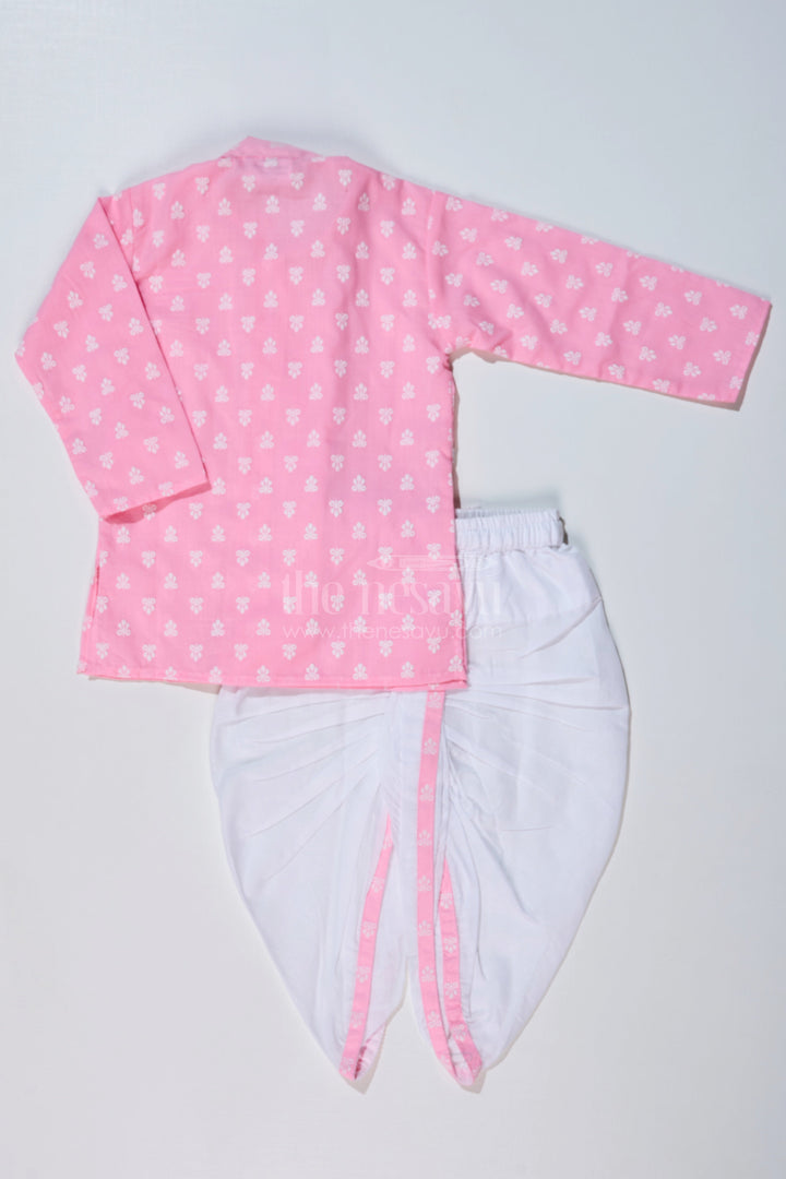 The Nesavu Boys Dothi Set Boys Pink Dhoti Kurta for Pooja with Chikankari Embroidery and White Dhoti Nesavu Nesavu Boys Pink Chikankari Embroidered Dhoti Kurta Festive Pooja Wear
