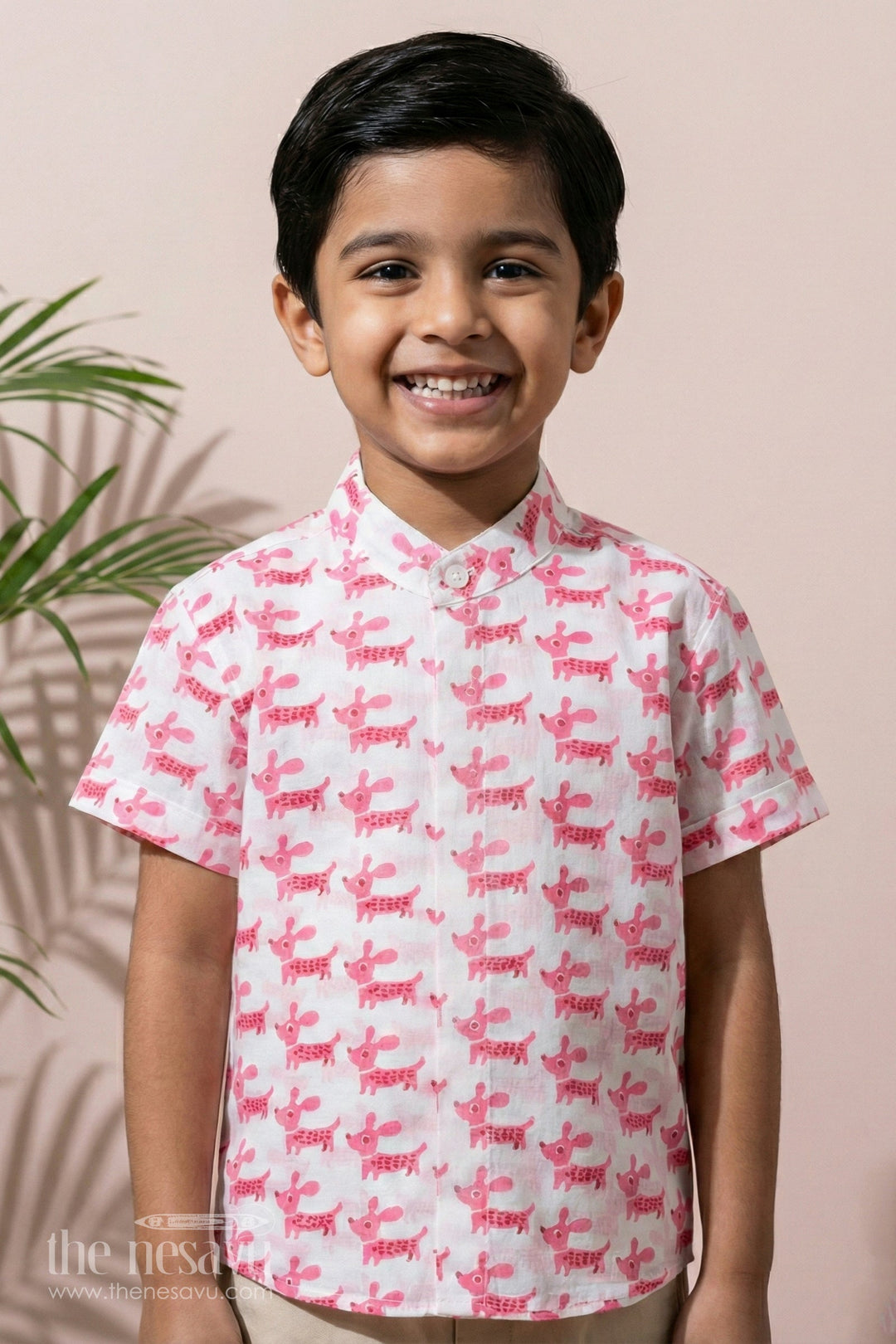 The Nesavu Boys Cotton Shirt Boys Pink Half Shirt in Cotton Block Print with Adorable Dog Design Nesavu 16 (1Y) / Pink BS245D-16 Boys Pink Half Shirt Cotton Block Print Cute Dog Pattern | The Nesavu