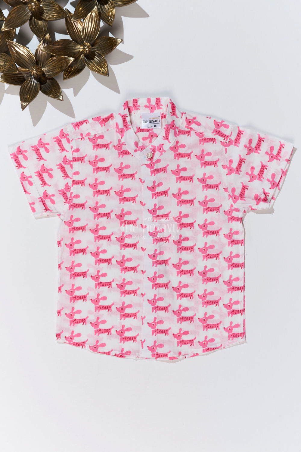 The Nesavu Boys Cotton Shirt Boys Pink Half Shirt in Cotton Block Print with Adorable Dog Design Nesavu 16 (1Y) / Pink BS245D-16 Nesavu Boys Pink Half Shirt Cotton Block Print Cute Dog Pattern