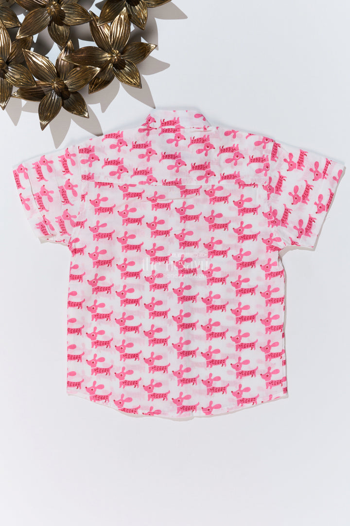 The Nesavu Boys Cotton Shirt Boys Pink Half Shirt in Cotton Block Print with Adorable Dog Design Nesavu Nesavu Boys Pink Half Shirt Cotton Block Print Cute Dog Pattern
