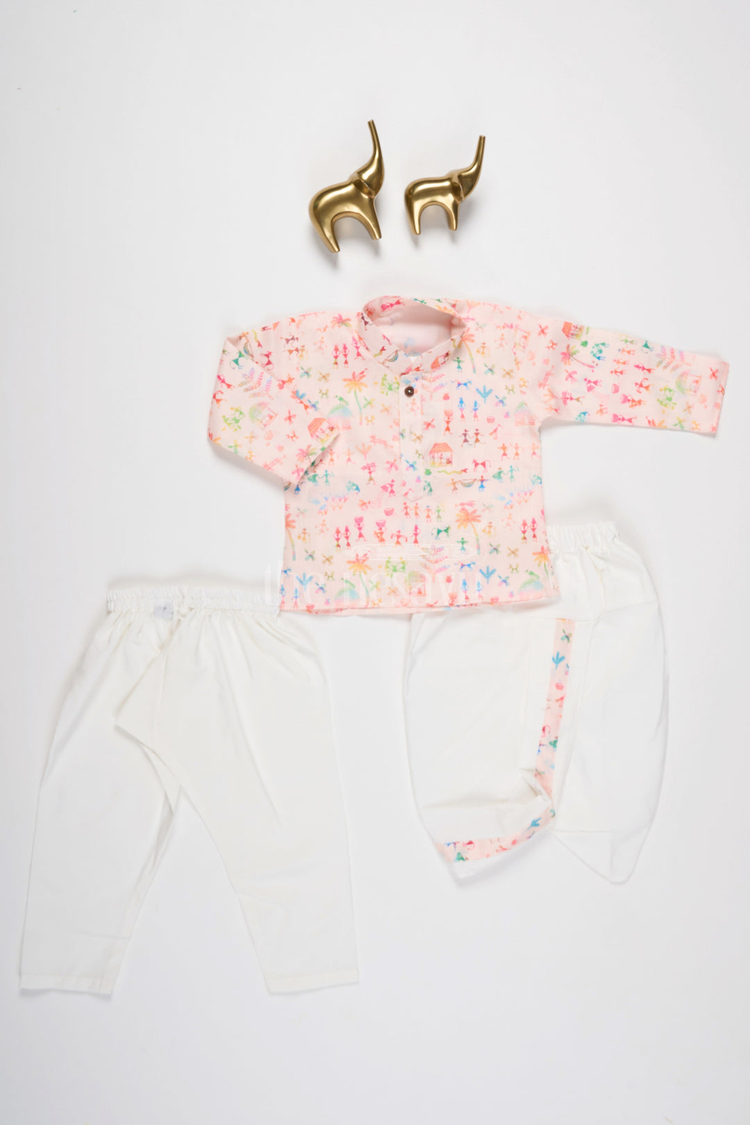 The Nesavu Boys Dothi Set Boys Pink Kurta with Dhoti and Pajama Set Featuring Playful Multicolor Print Nesavu 10 (NB) / Pink BES577A-10 Nesavu Boys Pink Kurta Dhoti Pajama Set Featuring Multicolor Print Festive Occasions