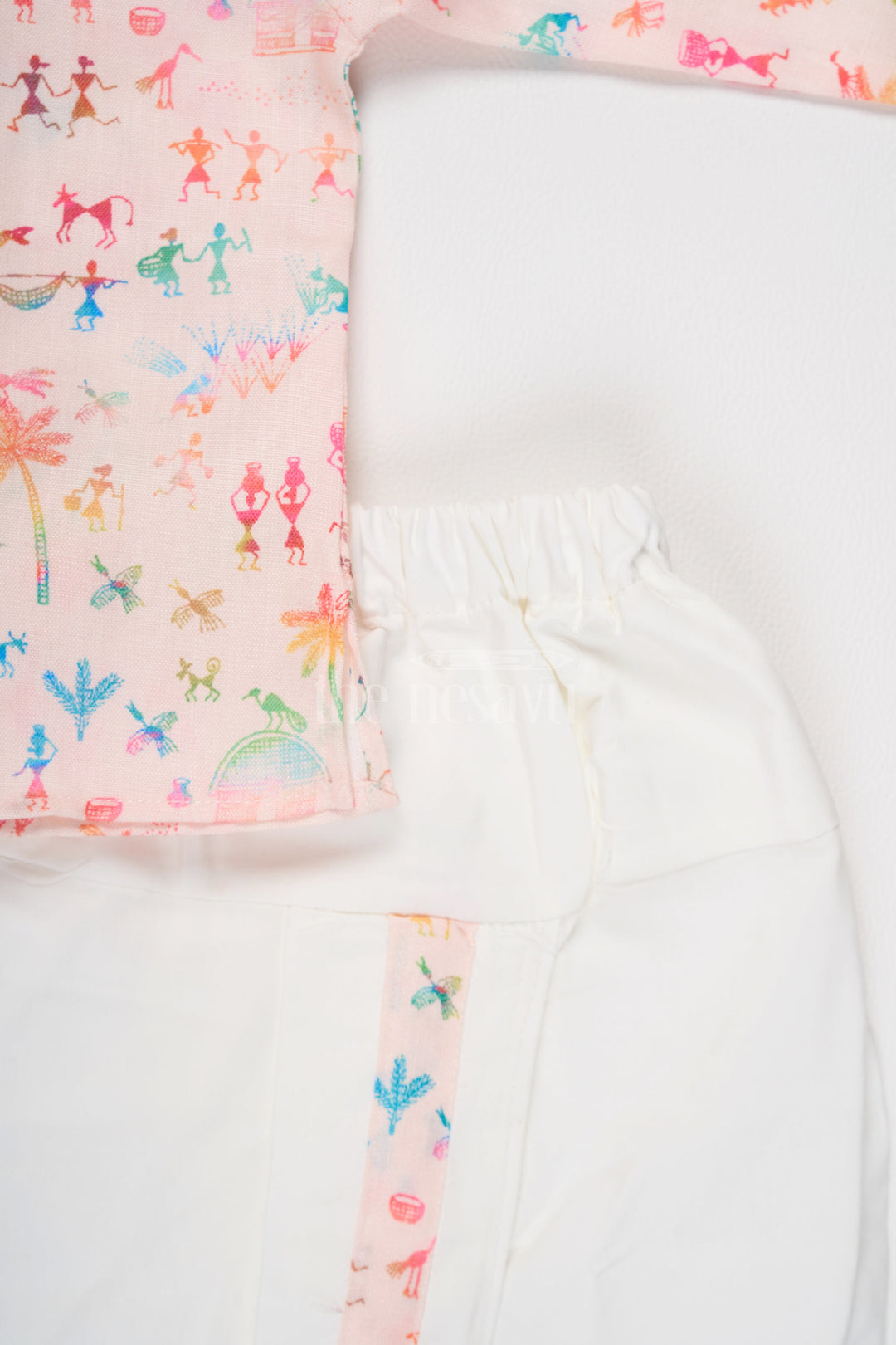 The Nesavu Boys Dothi Set Boys Pink Kurta with Dhoti and Pajama Set Featuring Playful Multicolor Print Nesavu Nesavu Boys Pink Kurta Dhoti Pajama Set Featuring Multicolor Print Festive Occasions