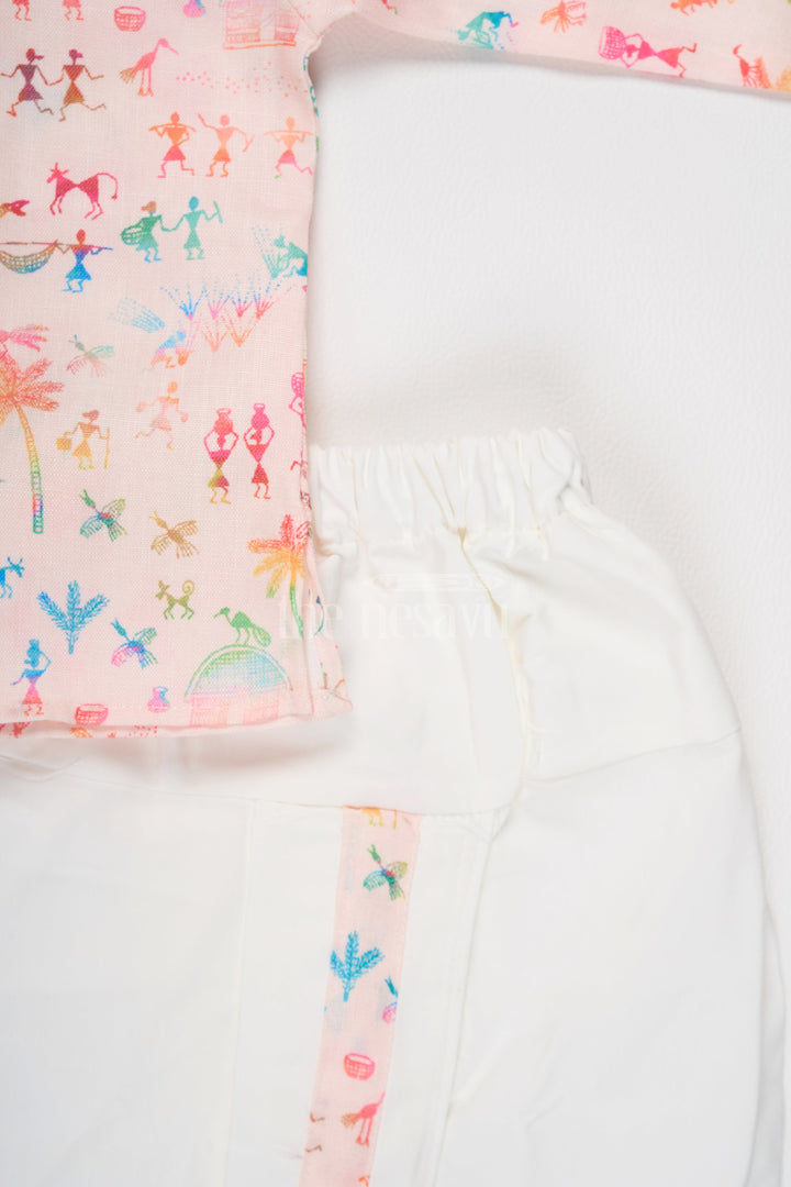The Nesavu Boys Dothi Set Boys Pink Kurta with Dhoti and Pajama Set Featuring Playful Multicolor Print Nesavu Nesavu Boys Pink Kurta Dhoti Pajama Set Featuring Multicolor Print Festive Occasions