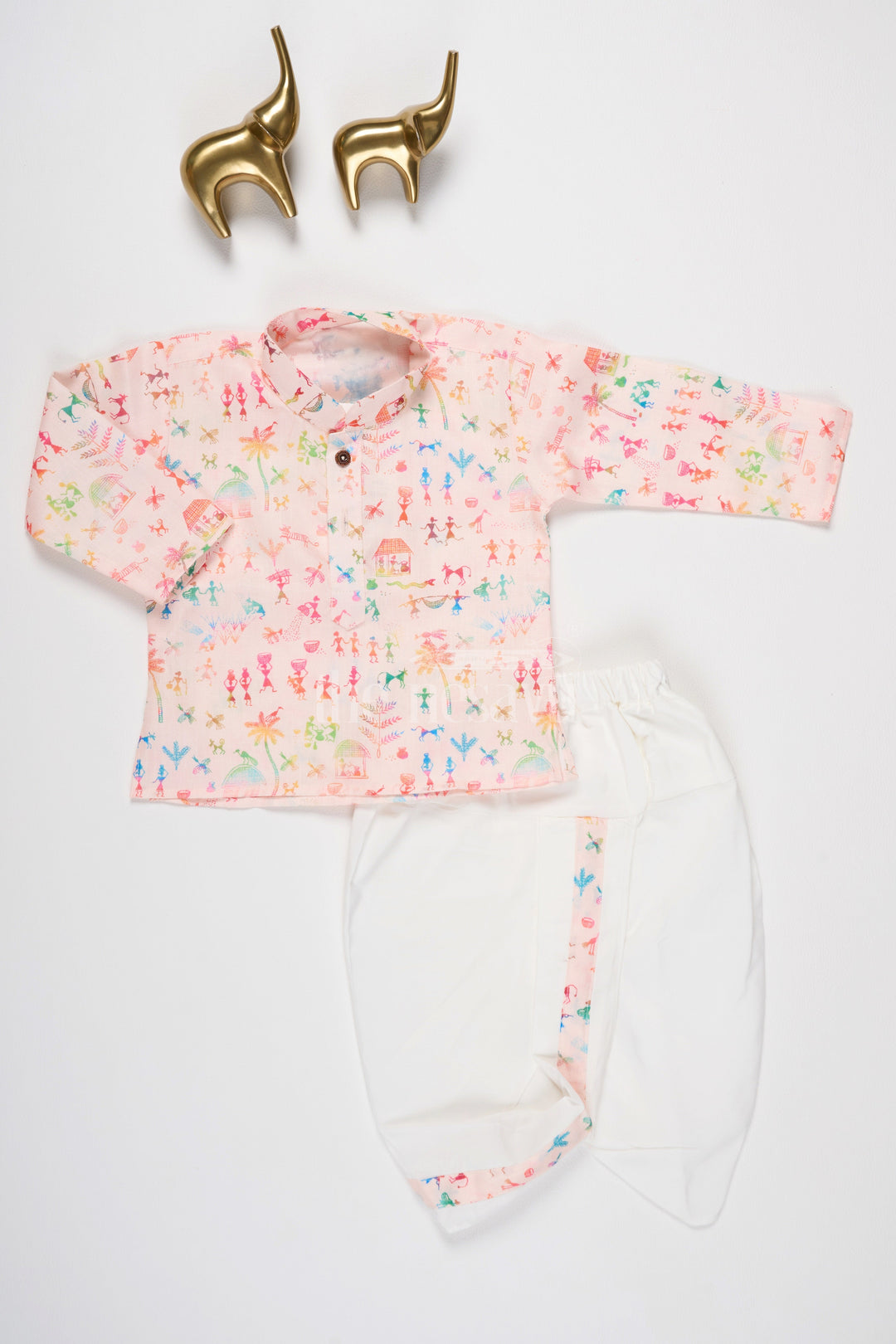 The Nesavu Boys Dothi Set Boys Pink Kurta with Dhoti and Pajama Set Featuring Playful Multicolor Print Nesavu Nesavu Boys Pink Kurta Dhoti Pajama Set Featuring Multicolor Print Festive Occasions