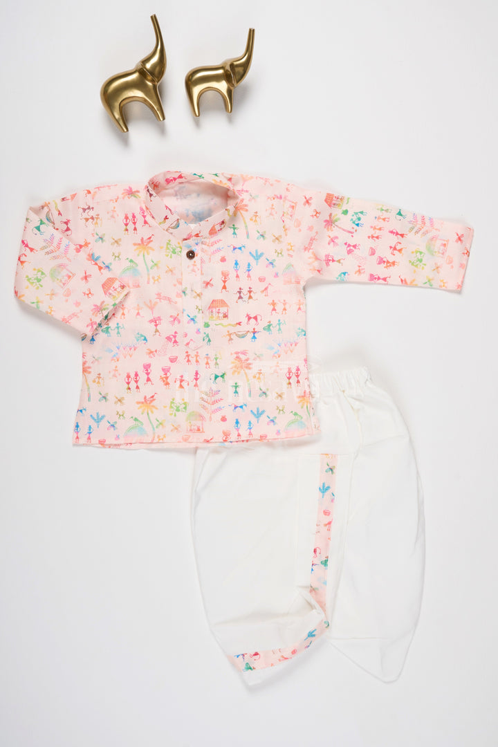 The Nesavu Boys Dothi Set Boys Pink Kurta with Dhoti and Pajama Set Featuring Playful Multicolor Print Nesavu Nesavu Boys Pink Kurta Dhoti Pajama Set Featuring Multicolor Print Festive Occasions