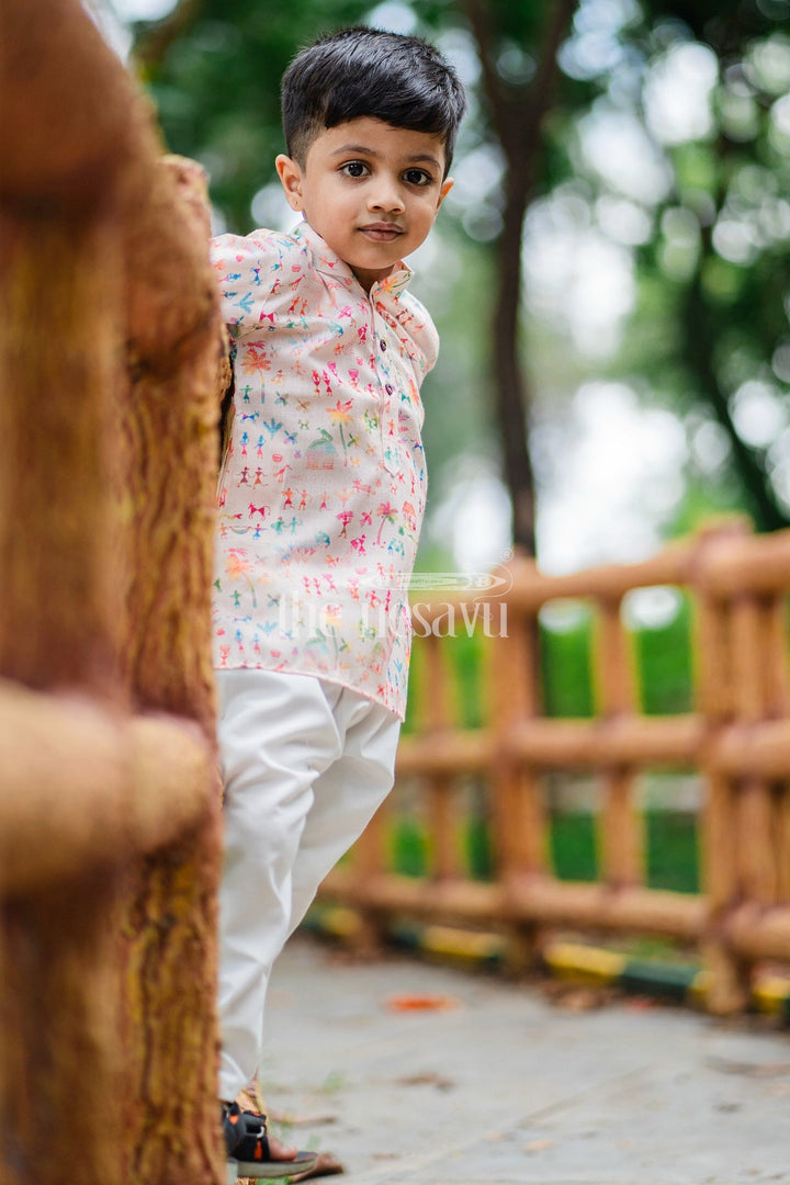 The Nesavu Boys Dothi Set Boys Pink Kurta with Dhoti and Pajama Set Featuring Playful Multicolor Print Nesavu Nesavu Boys Pink Kurta Dhoti Pajama Set Featuring Multicolor Print Festive Occasions