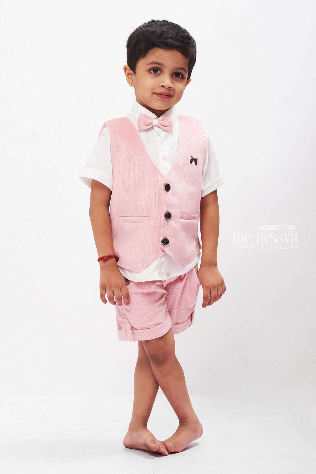 The Nesavu Boys Pink Shirt and Shorts Set with Tailored Overcoat - Toddler Elegance Nesavu 12 (3M) / Pink / Knit Fabric BCS003A-12 Boys Pink Shirt Overcoat Set with Shorts | Stylish Toddler Attire | The Nesavu