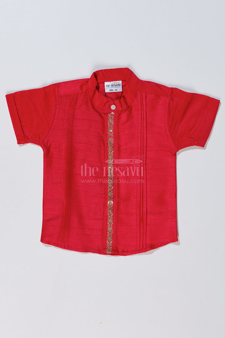 The Nesavu Boys Silk Shirt Boys Pink Shirt Half Sleeve with Silk Blend Fabric and Decorative Embroidery for Special Occasions Nesavu 16 (1Y) / Pink BS230B-16 Nesavu Boys Pink Half Sleeve Silk Shirt Decorative Embroidery Festive Wear