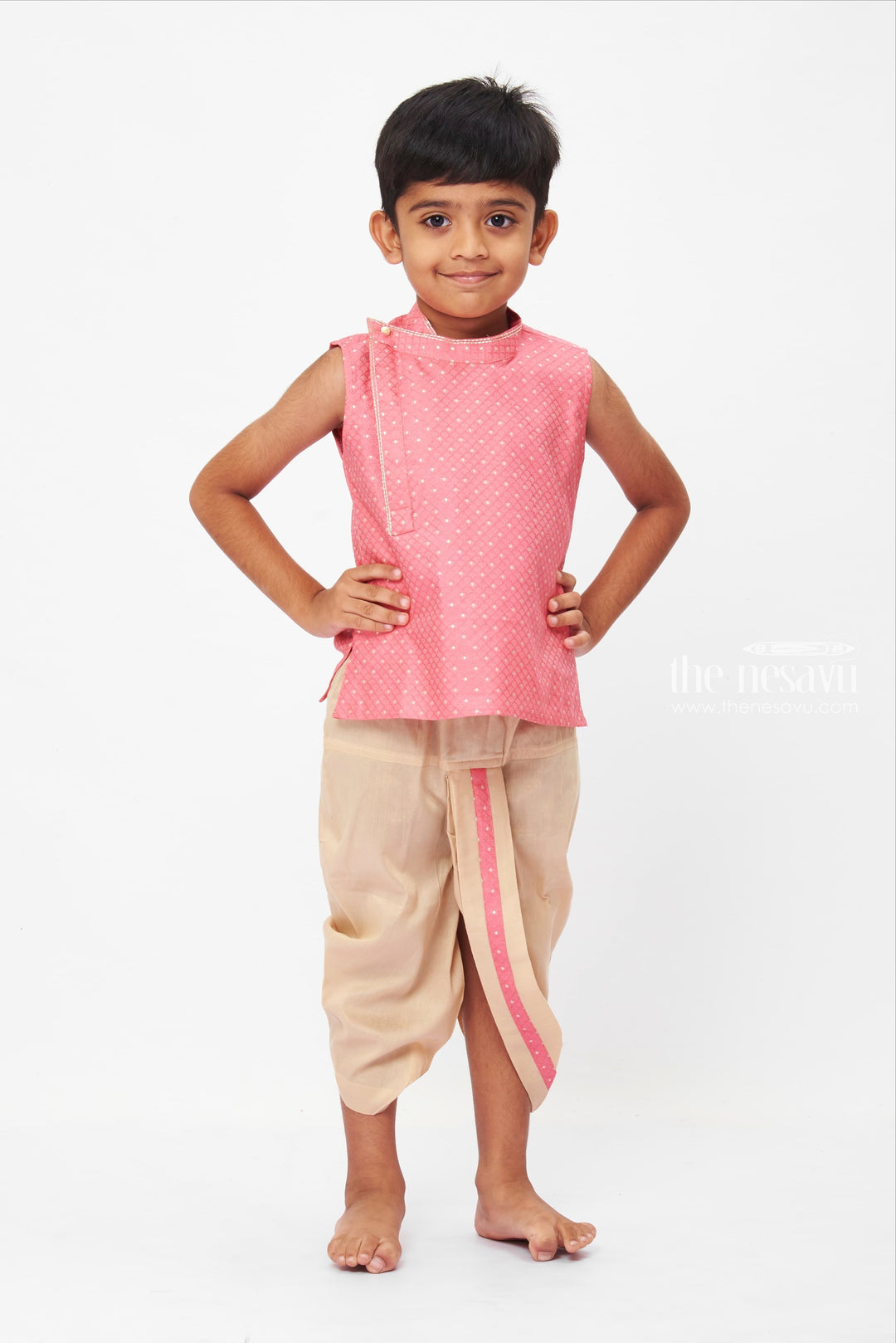 The Nesavu Boys Dothi Set Boys Pink Sleeveless Kurta and Beige Dhoti Set - Festive and Traditional Outfit for Kids Nesavu 12 (3M) / Pink / Silk Blend BES462B-12 Colorful Kurta and Dhoti ensemble | Boys Traditional Kurta set | The Nesavu