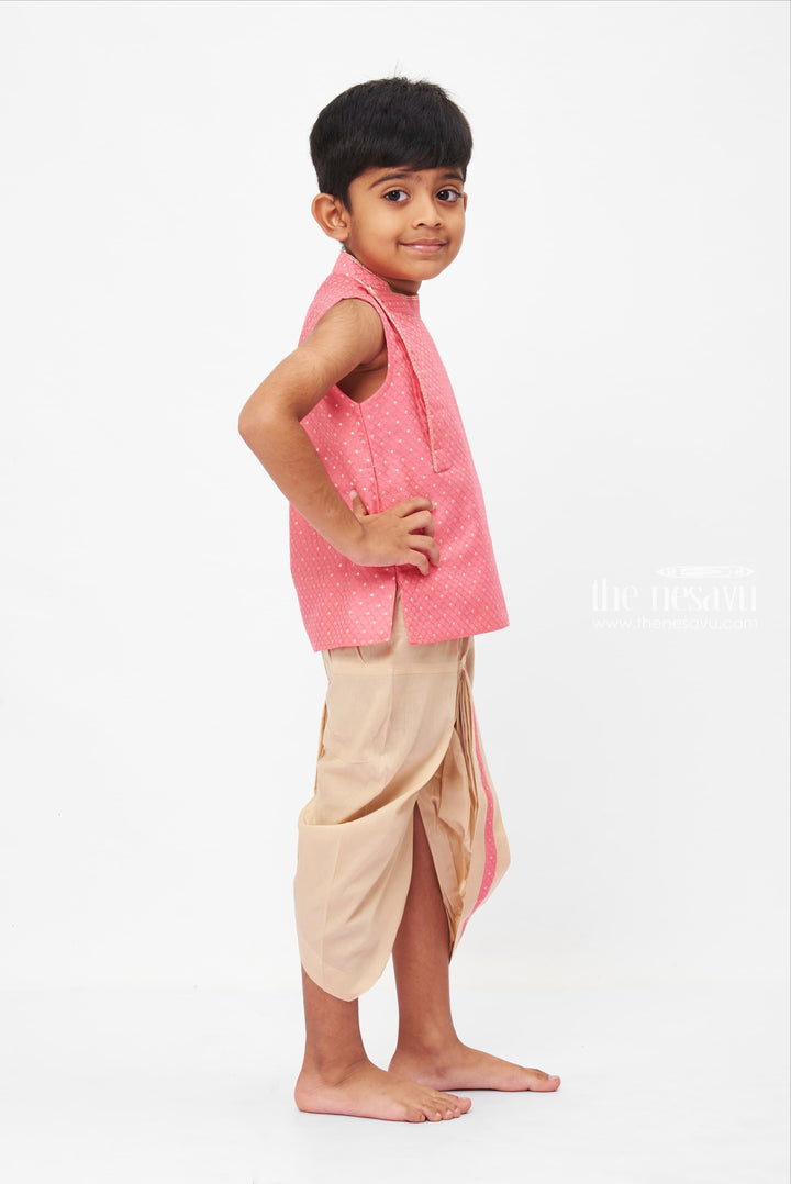 The Nesavu Boys Dothi Set Boys Pink Sleeveless Kurta and Beige Dhoti Set - Festive and Traditional Outfit for Kids Nesavu Colorful Kurta and Dhoti ensemble | Boys Traditional Kurta set | The Nesavu