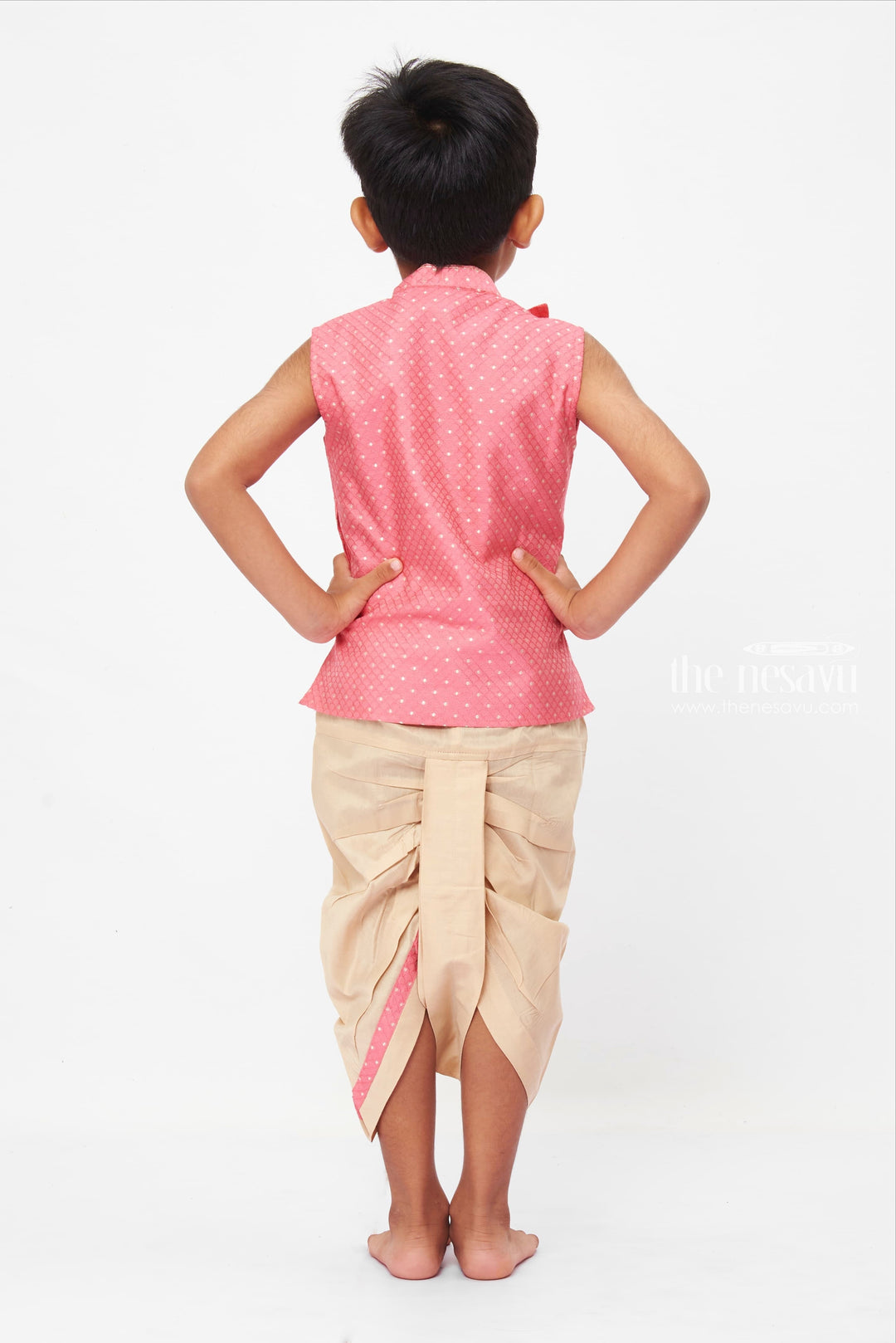 The Nesavu Boys Dothi Set Boys Pink Sleeveless Kurta and Beige Dhoti Set - Festive and Traditional Outfit for Kids Nesavu Colorful Kurta and Dhoti ensemble | Boys Traditional Kurta set | The Nesavu