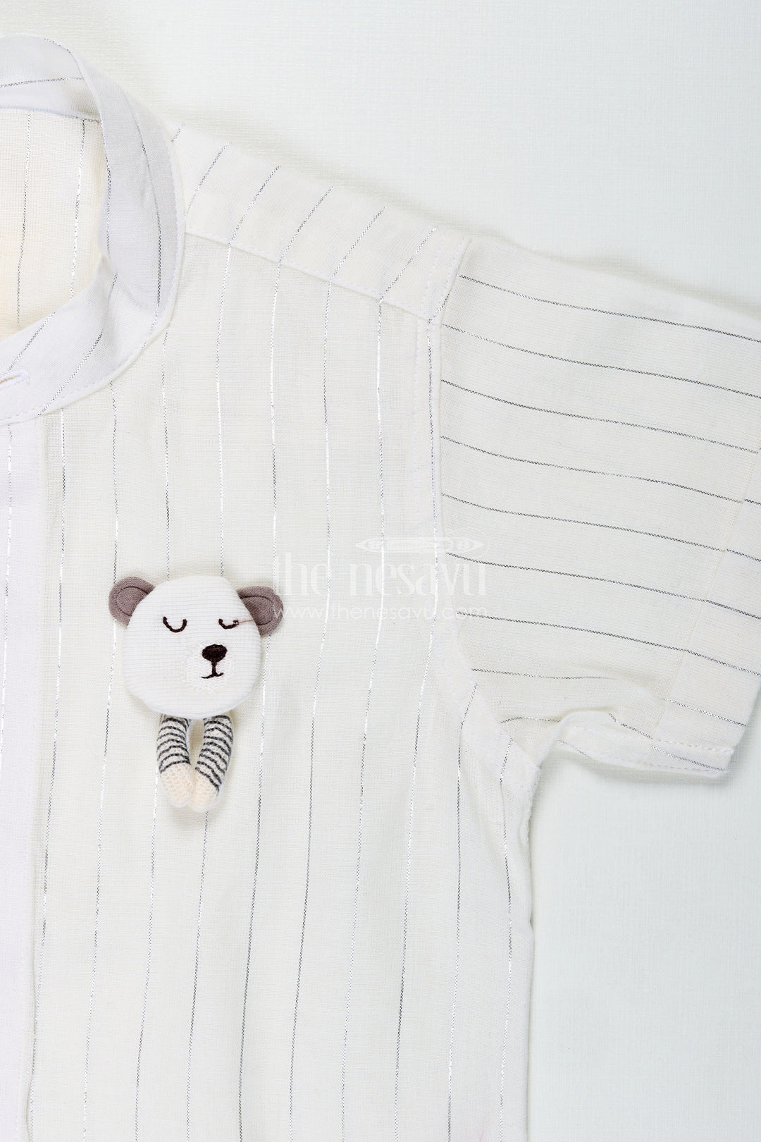 The Nesavu Boys Cotton Shirt Boys Plain White Shirt with Vertical Thread Lines and Cute Bear Patch On Cotton Blend Fabric Nesavu Nesavu Boys Plain White Shirt Cotton Blend Thread Detailing Embellished Bear Patch
