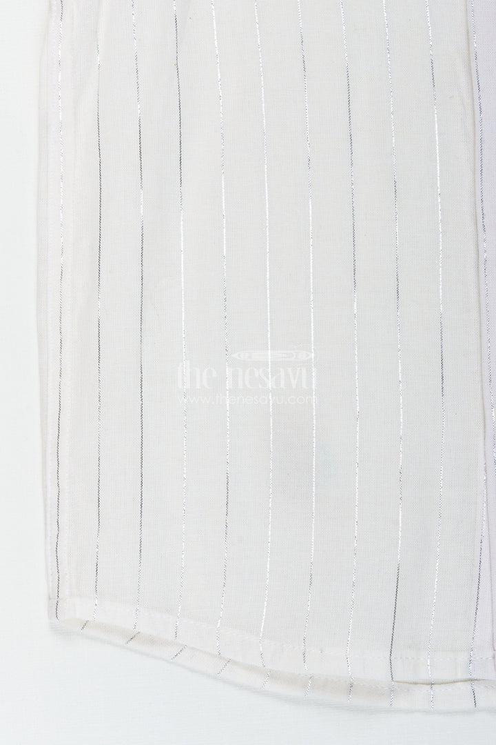 The Nesavu Boys Cotton Shirt Boys Plain White Shirt with Vertical Thread Lines and Cute Bear Patch On Cotton Blend Fabric Nesavu Nesavu Boys Plain White Shirt Cotton Blend Thread Detailing Embellished Bear Patch