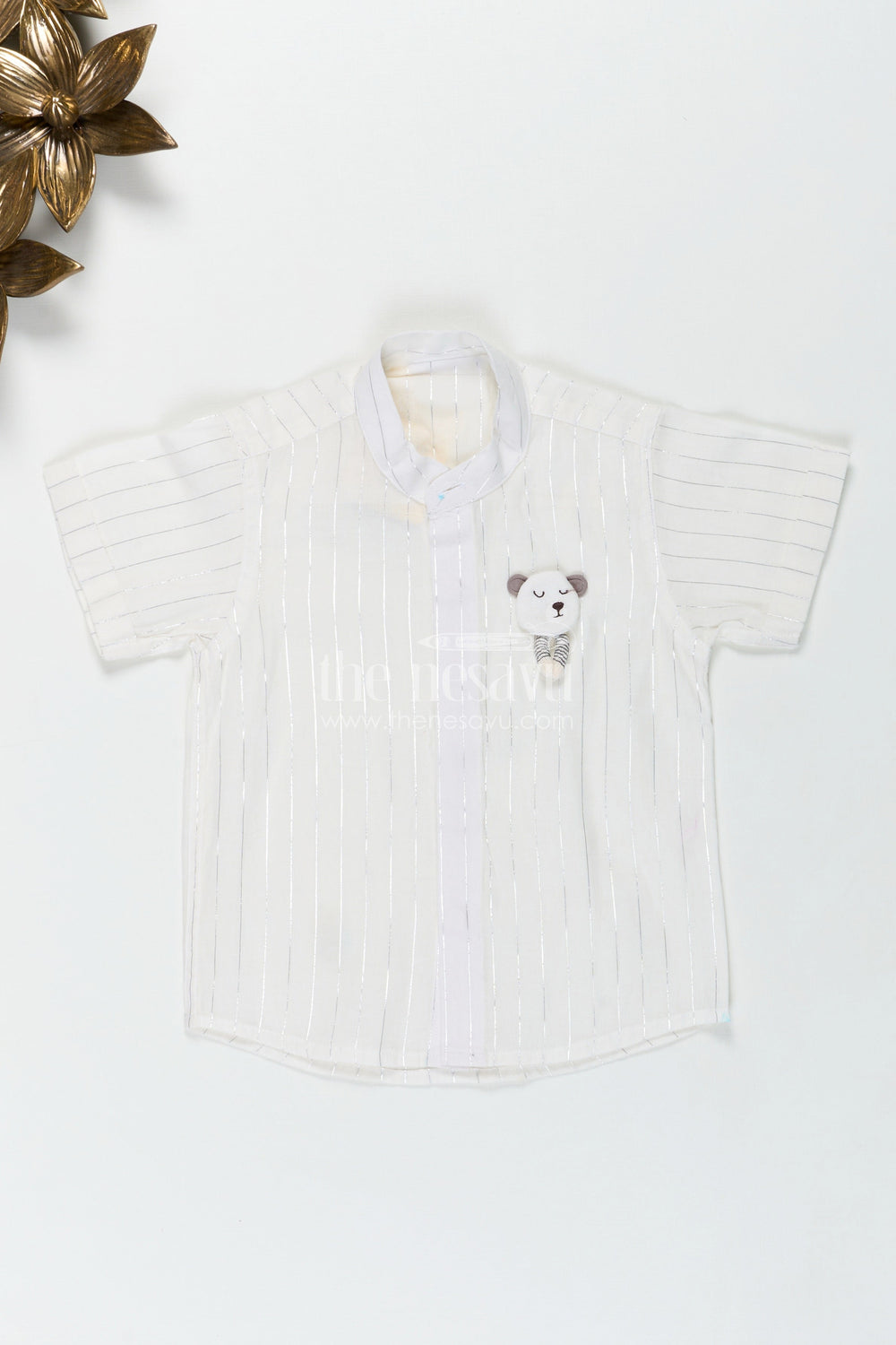 The Nesavu Boys Cotton Shirt Boys Plain White Shirt with Vertical Thread Lines and Cute Bear Patch On Cotton Blend Fabric Nesavu Nesavu Boys Plain White Shirt Cotton Blend Thread Detailing Embellished Bear Patch