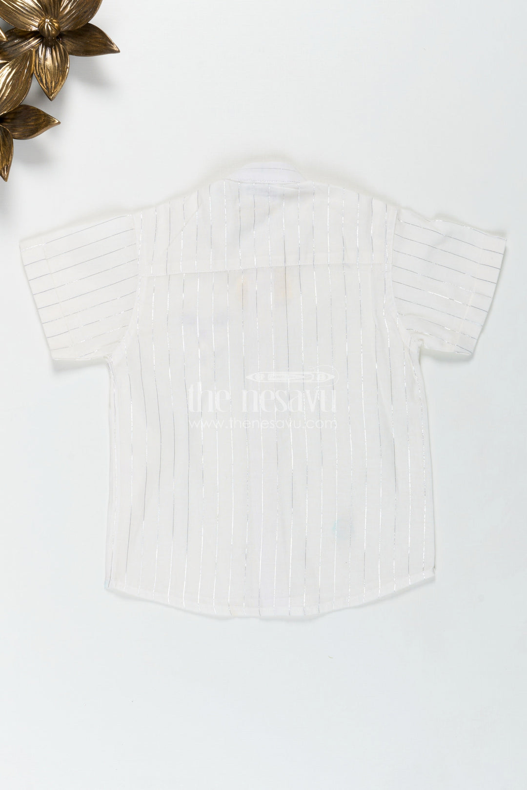 The Nesavu Boys Cotton Shirt Boys Plain White Shirt with Vertical Thread Lines and Cute Bear Patch On Cotton Blend Fabric Nesavu Nesavu Boys Plain White Shirt Cotton Blend Thread Detailing Embellished Bear Patch