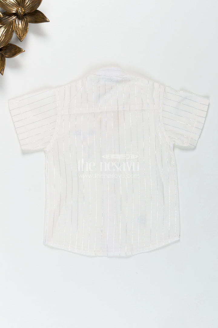 The Nesavu Boys Cotton Shirt Boys Plain White Shirt with Vertical Thread Lines and Cute Bear Patch On Cotton Blend Fabric Nesavu Nesavu Boys Plain White Shirt Cotton Blend Thread Detailing Embellished Bear Patch