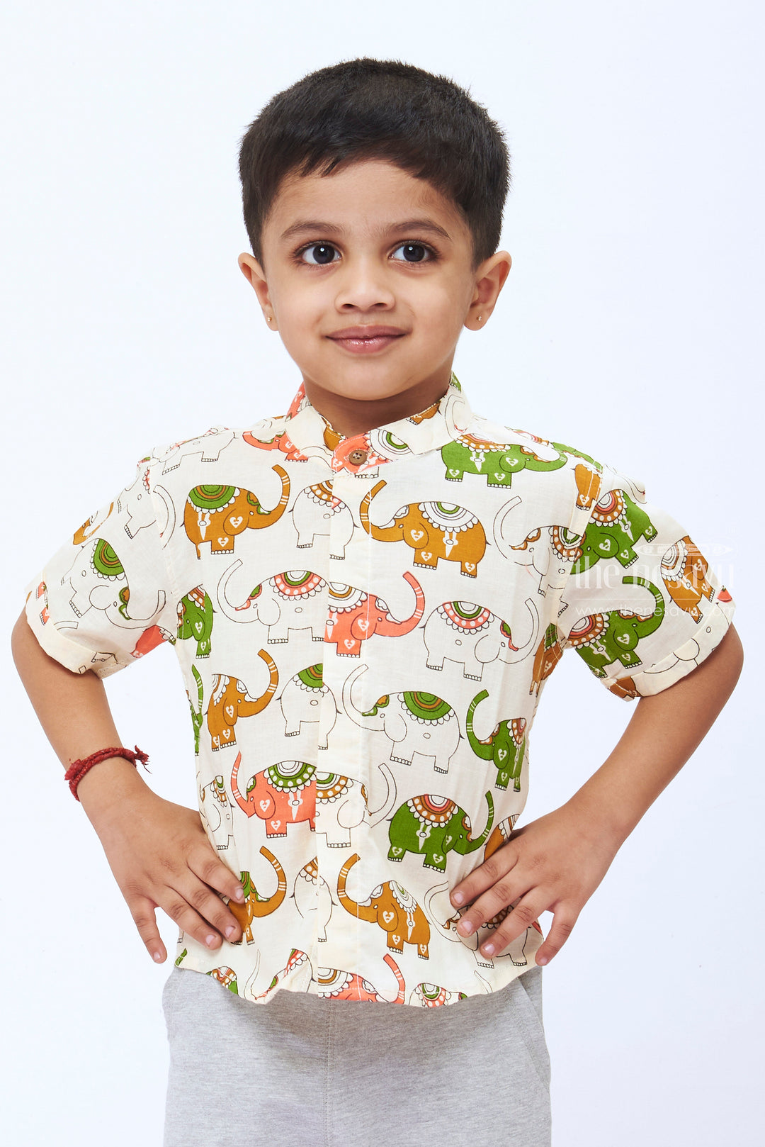 The Nesavu Boys Cotton Shirt Boys Playful Elephant Parade Cotton Shirt  Comfortable & Colorful Casual Wear Nesavu 14 (6M) / Half white / Cotton BS125A-14 Buy Boys Elephant Print Cotton Shirt | Colorful Fun Kids Tops Online | The Nesavu