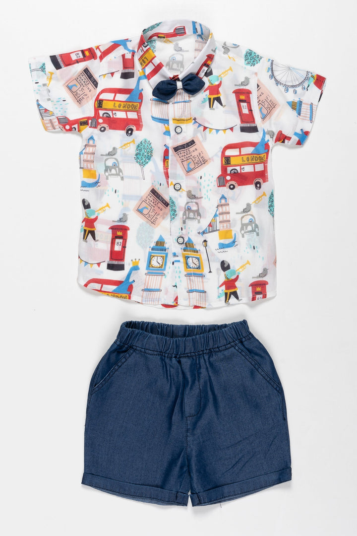 The Nesavu Boys Casual Set Boys Playful London-Themed Shirt & Shorts Set - Vibrant Summer Outfit Nesavu 10 (NB) / White / Muslin Silk BCS010B-10 Shop Boys London Print Shirt & Navy Shorts | Fun & Casual Summer Set | The Nesavu