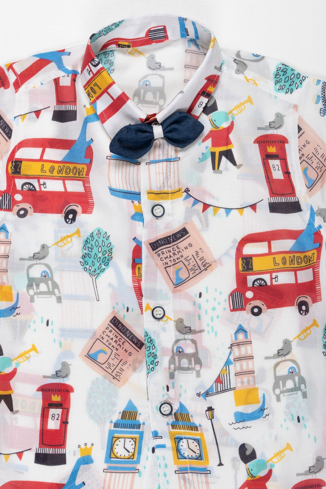 The Nesavu Boys Casual Set Boys Playful London-Themed Shirt & Shorts Set - Vibrant Summer Outfit Nesavu Shop Boys London Print Shirt & Navy Shorts | Fun & Casual Summer Set | The Nesavu