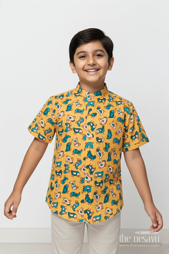 The Nesavu Boys Linen Shirt Boys Playful Print Linen Shirt for Everyday Comfort and Fun Looks Nesavu 16 (1Y) / Yellow BS364B-16 Nesavu boys playful cartoon print linen shirt playdates family outings everyday dressing