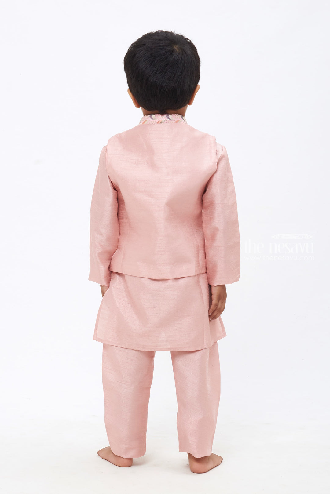The Nesavu Boys Jacket Sets Boys Premium Pink Kurta with Ornate Overcoat & Pant Set Nesavu Boys Premium Kurta and Overcoat Set | Traditional Festive Attire | The Nesavu