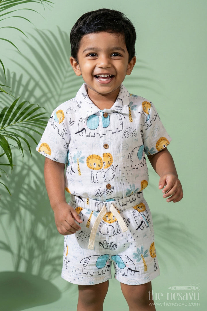 The Nesavu Boys Casual Set Boys Printed Casual Half Shirt Set with Elephant Safari Theme and Soft Muslin Fabric for Fun Daywear Nesavu 14 (6M) / White BCS240A-14 Boys Printed Casual Half Shirt and Shorts Set with Safari Elephant Design | The Nesavu