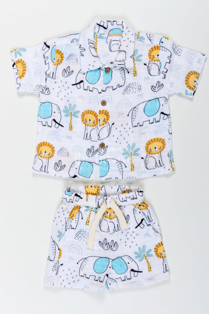 The Nesavu Boys Casual Set Boys Printed Casual Half Shirt Set with Elephant Safari Theme and Soft Muslin Fabric for Fun Daywear Nesavu 14 (6M) / White BCS240A-14 Nesavu Boys Printed Casual Half Shirt and Shorts Set with Safari Elephant Design in Soft Muslin Fabric
