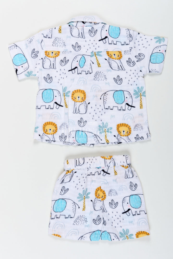 The Nesavu Boys Casual Set Boys Printed Casual Half Shirt Set with Elephant Safari Theme and Soft Muslin Fabric for Fun Daywear Nesavu Nesavu Boys Printed Casual Half Shirt and Shorts Set with Safari Elephant Design in Soft Muslin Fabric