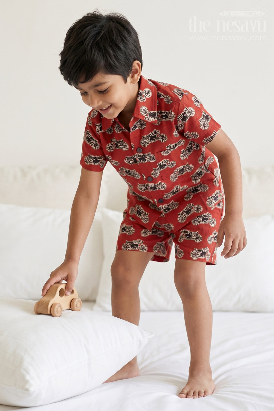 The Nesavu Boys Casual Set Boys Printed Co Ord Dress for Casual Outings and Everyday Wear Nesavu 16 (1Y) / Red / Cotton BCS614A-16 Nesavu Boys Cotton Co Ord Set For Casual Wear With Digital Print Shirt And Shorts Everyday Outfit