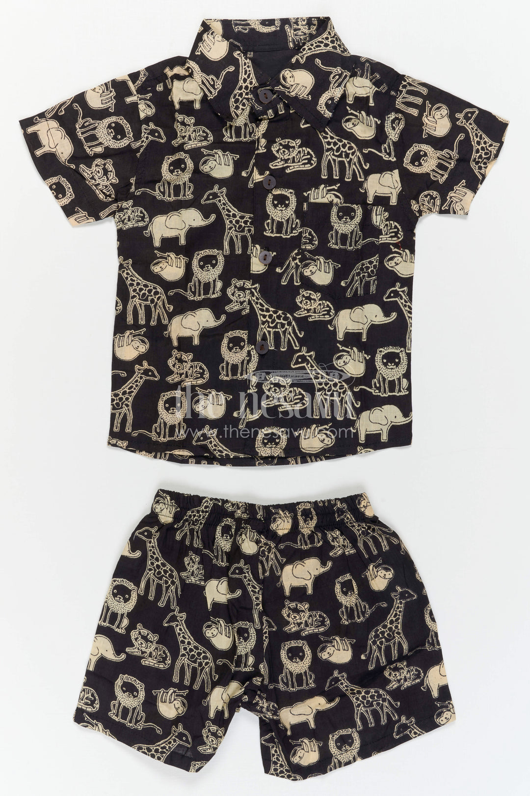 The Nesavu Boys Casual Set Boys Printed Co Ord Set for Casual Outings and Daily Wear Nesavu 16 (1Y) / Black / Cotton BCS605B-16 Nesavu Boys Printed Cotton Co Ord Set For Casual Outings With Animal Print Shirt And Shorts