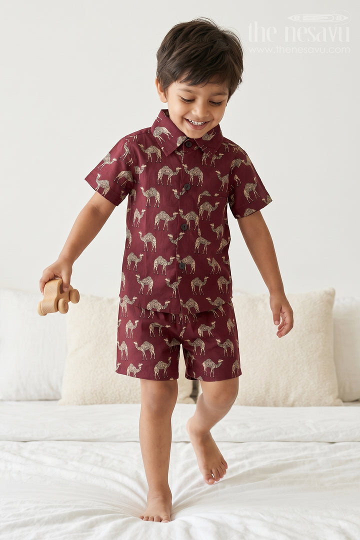 The Nesavu Boys Casual Set Boys Printed Co Ord Set for Casual Outings and Everyday Wear Nesavu 16 (1Y) / Red / Cotton BCS608A-16 Nesavu Boys Cotton Co Ord Set For Casual Wear With Camel Print Shirt And Shorts Summer Outfit